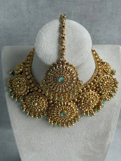 Ayura Designs Rummy Set – Statement Necklace, Earrings & Tikka with Pistachio Green Beads and Polished Gold Finish