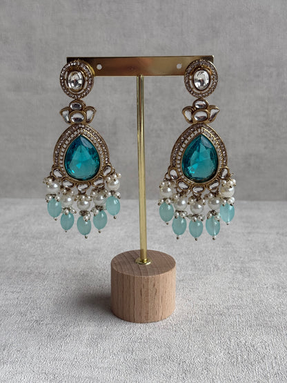 Ayura Designs Nageen Earrings – Antique Gold Jhumkis with Aqua Blue Stones, Mirror-Cut Accents & Pearl Drops