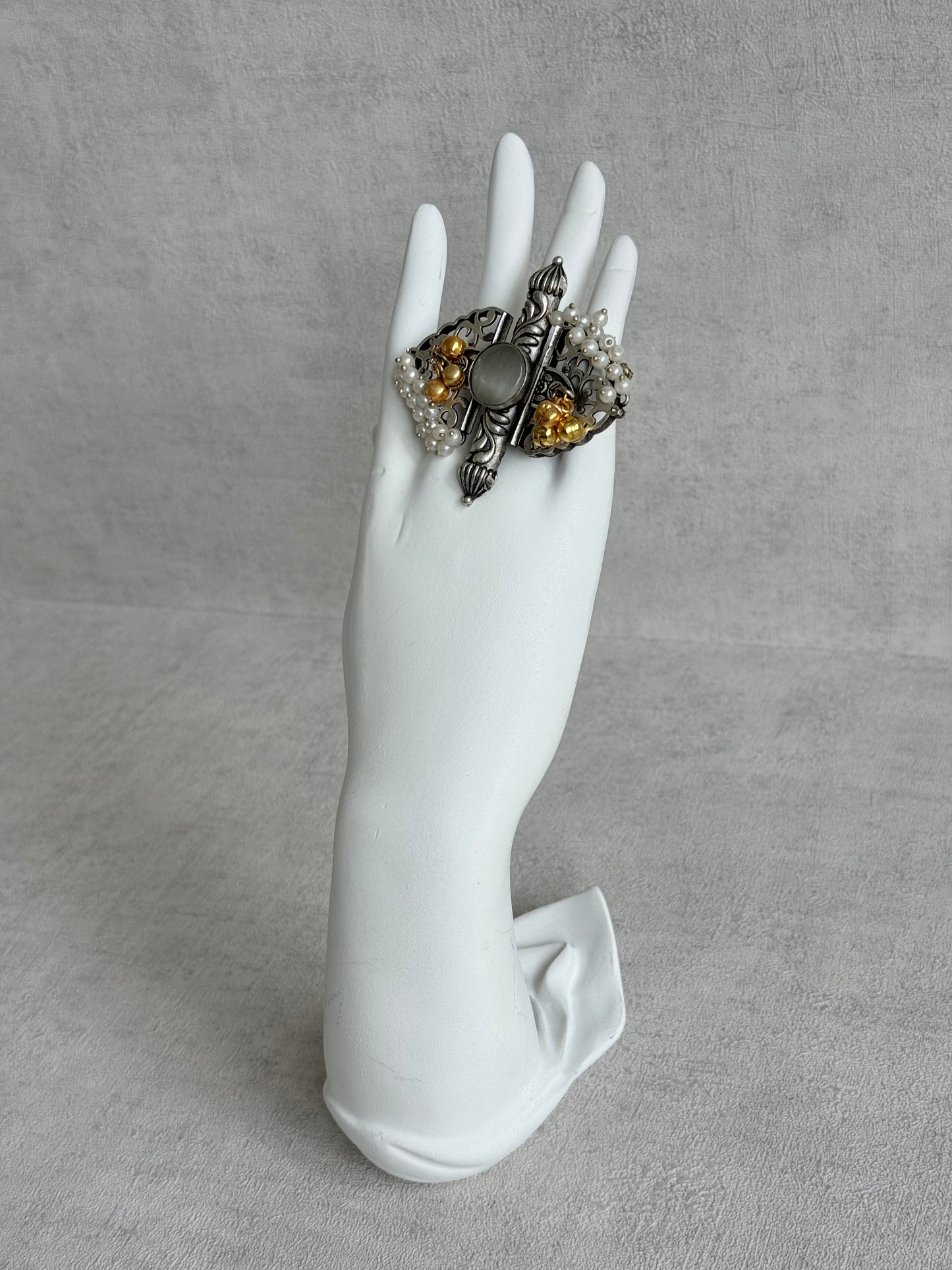 Ayura Designs Arshia Adjustable Ring – Oxidised Statement Ring with Pearl Detailing, Grey Stone & Ghungroo Charms