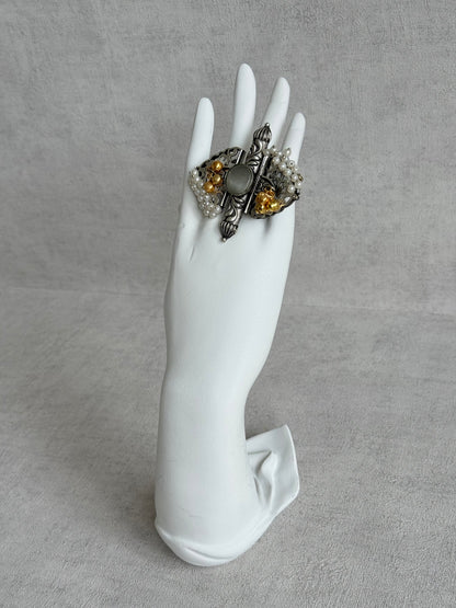 Ayura Designs Arshia Adjustable Ring – Oxidised Statement Ring with Pearl Detailing, Grey Stone & Ghungroo Charms