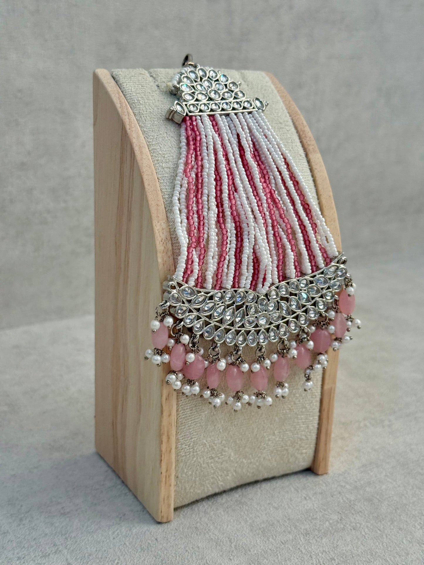 Ayura Designs Ash Jhoomar Passa – Blush Pink Beads with Mirror Cut Stones & Silver Finish