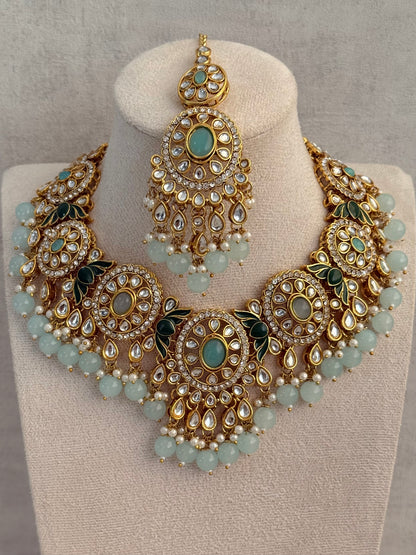 Ayura Designs Zara Set with Necklace, Earrings, Tikka & Passa – Antique Gold with Kundan Detailing & Aqua Blue Beads