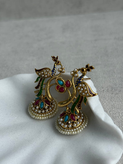 Ayura Designs Mayuri Jhumkis – Gold Peacock Earrings with Multicolour Meenakari & Pearl Detailing