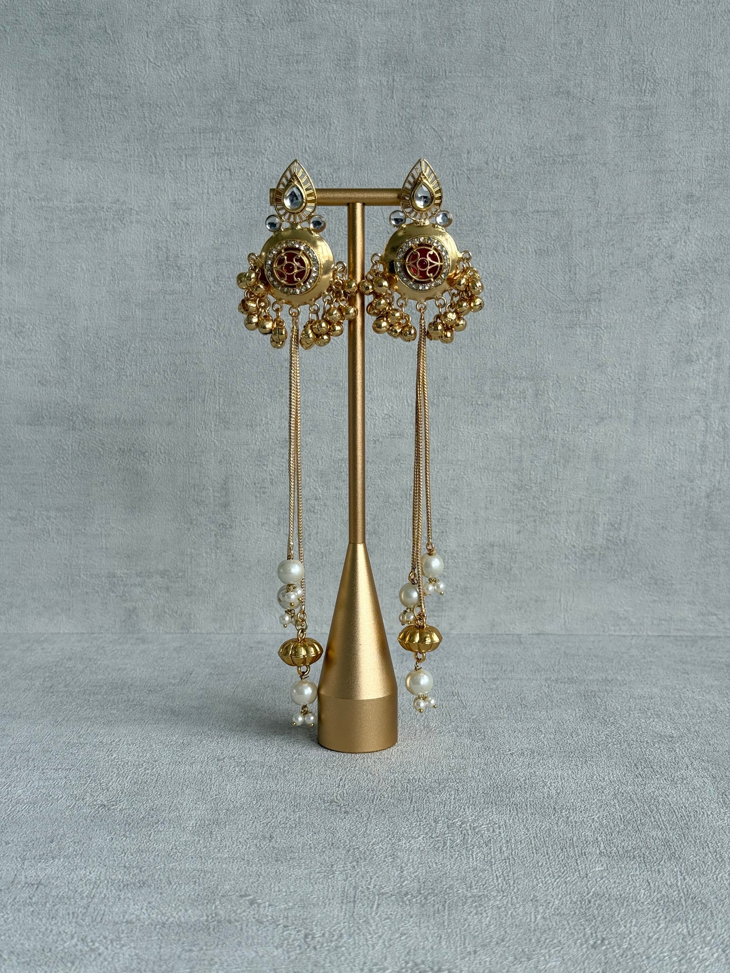 Ayura Designs Kashveen Earrings – Ruby Red Kundan Stones with Pearl Chain Drops & Ghungroo Detailing