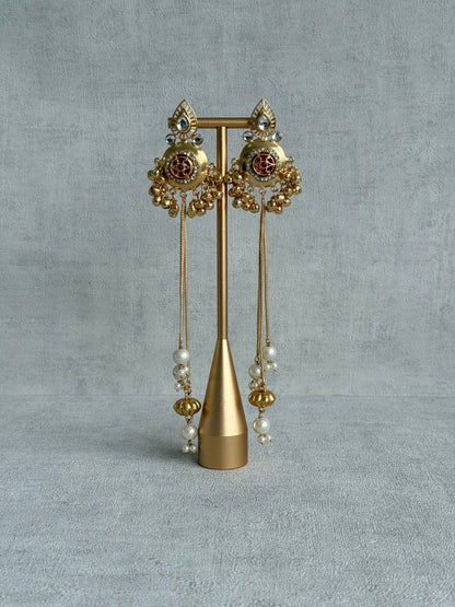 Ayura Designs Kashveen Earrings – Ruby Red Kundan Stones with Pearl Chain Drops & Ghungroo Detailing