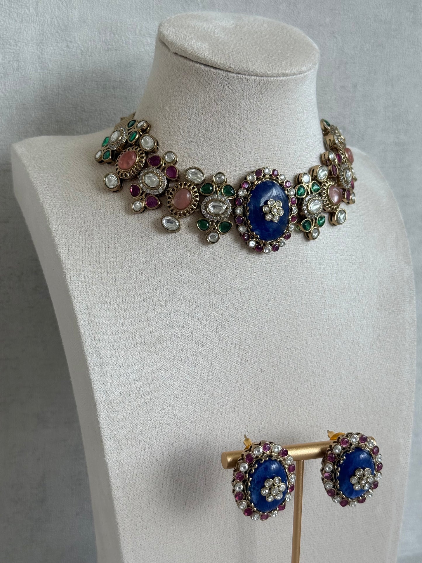 Ayura Designs Nova Necklace Set with Stud Earrings – Sapphire Blue Centre Stone, Kundan Detailing & Multicolour Gemstone Accents