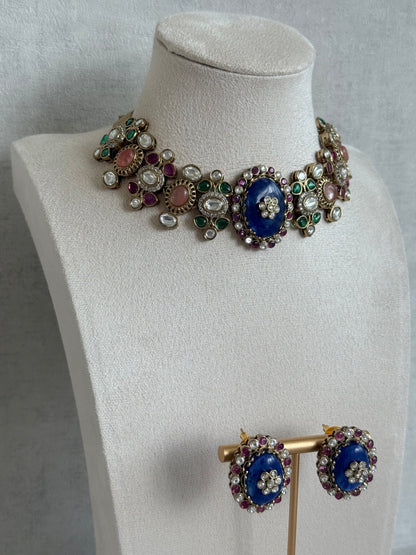 Ayura Designs Nova Necklace Set with Stud Earrings – Sapphire Blue Centre Stone, Kundan Detailing & Multicolour Gemstone Accents