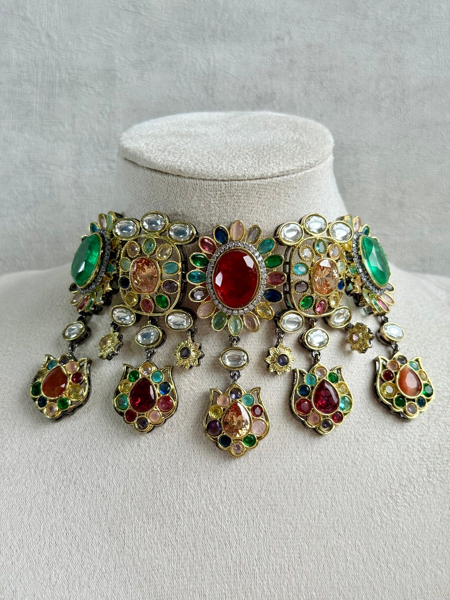 Ayura Designs Verity Choker Set with Earrings – Multicolour Stones, Crystal Accents & Antique Silver Finish