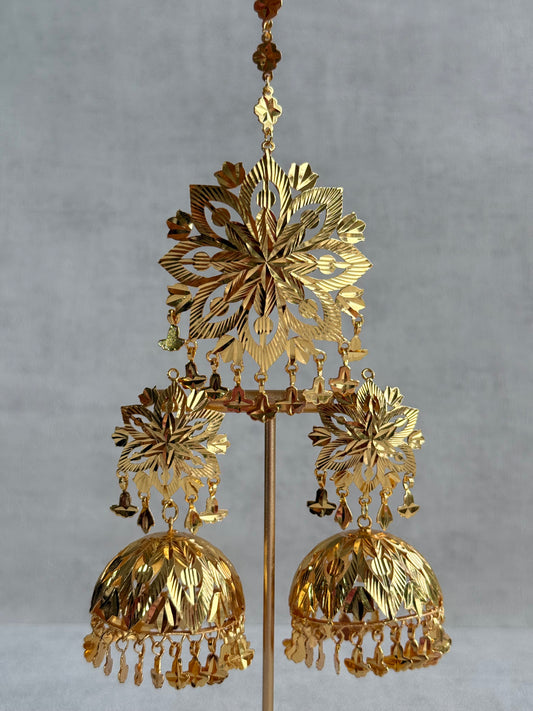 Ayura Designs Mutiyar Tikka Set with Jhumkis – Gold Floral Design with Pippal Patti Drops