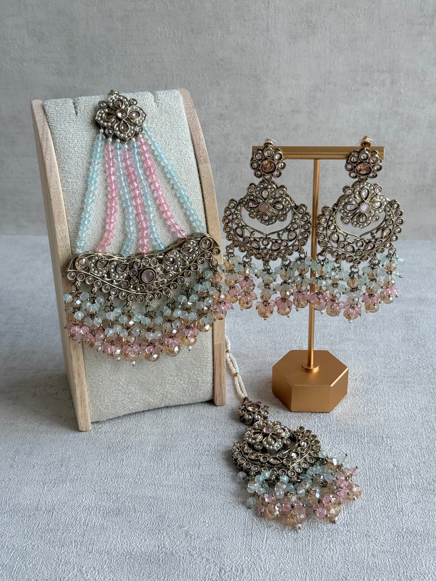 Ayura Designs Dilnaz Necklace Set – Blush Pink, Aqua & Champagne Crystal Beads