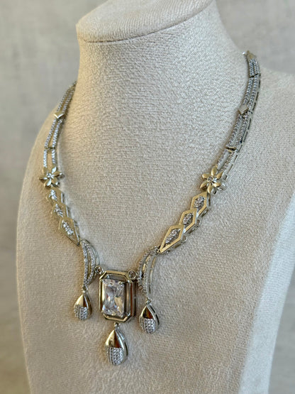Ayura Designs Estrella Set with Necklace & Earrings – Silver Finish, Moissanite-Inspired Stones and Teardrop Charms