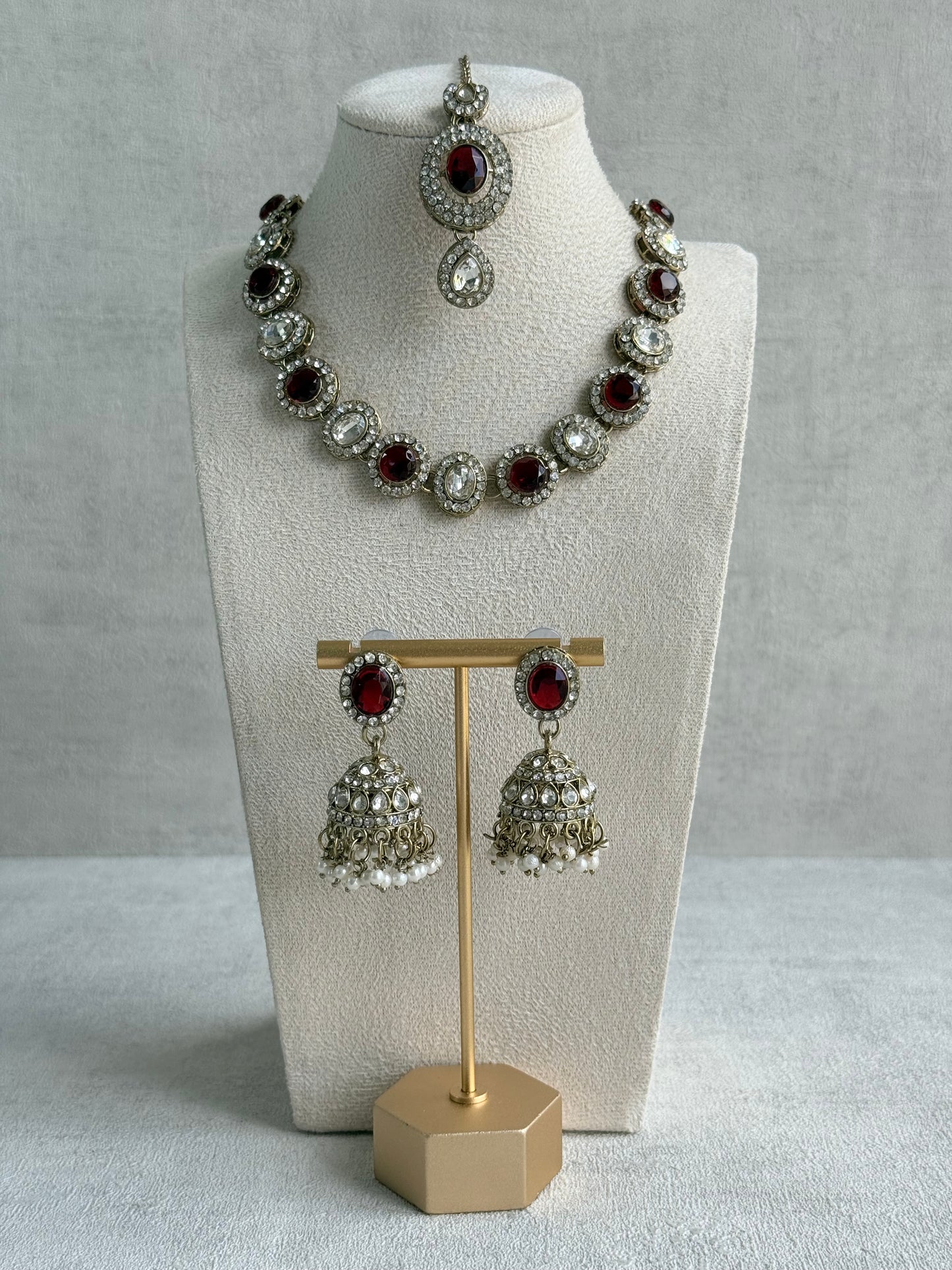 Ayura Designs Eira Necklace Set with Earrings & Tikka – Ruby Red & Crystal Stones with Antique Gold Finish