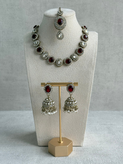 Ayura Designs Eira Necklace Set with Earrings & Tikka – Ruby Red & Crystal Stones with Antique Gold Finish