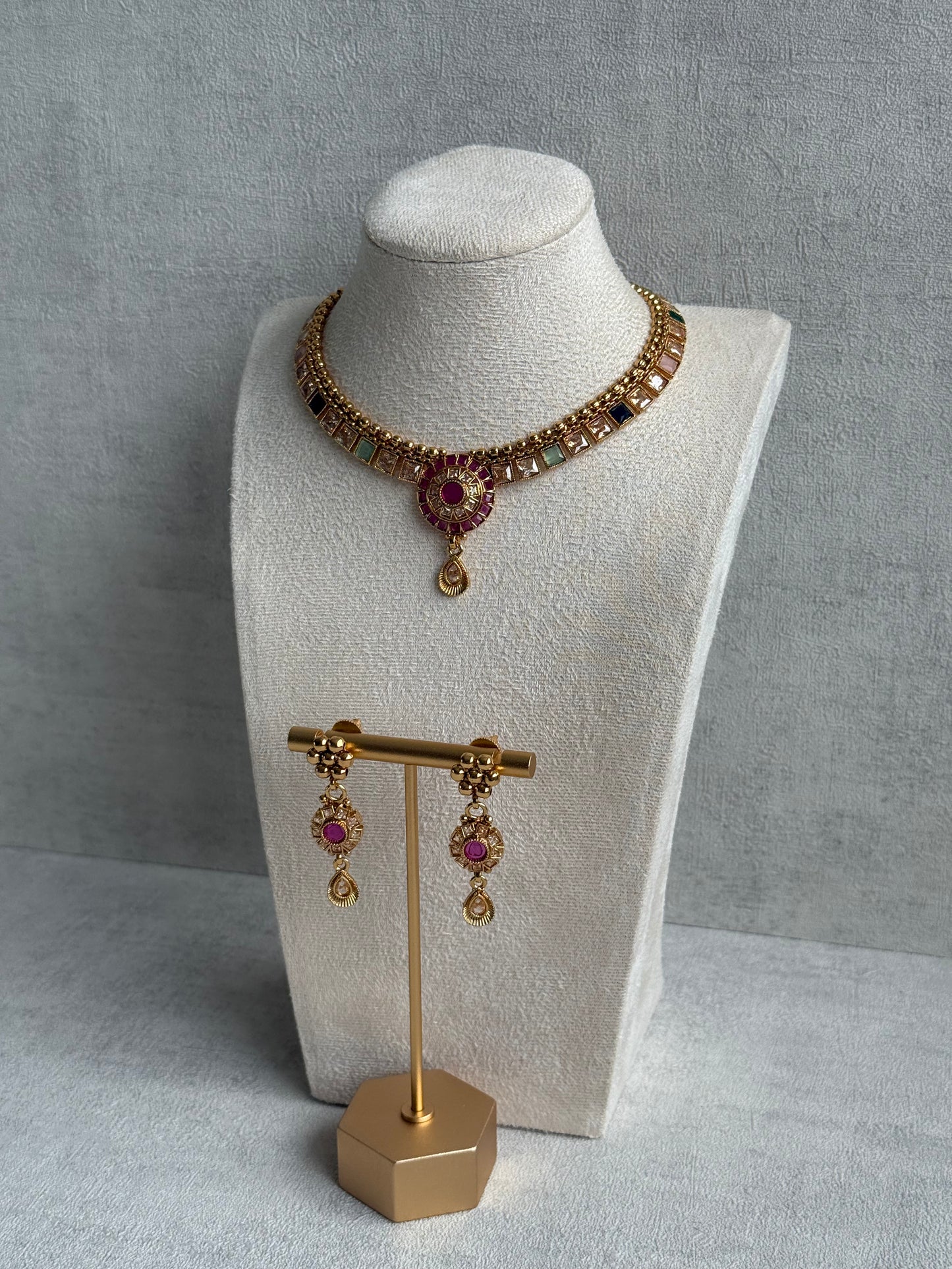 Ayura Designs Nithya Set – Gold Necklace & Earrings with Multicolour Stones and Ruby Centre