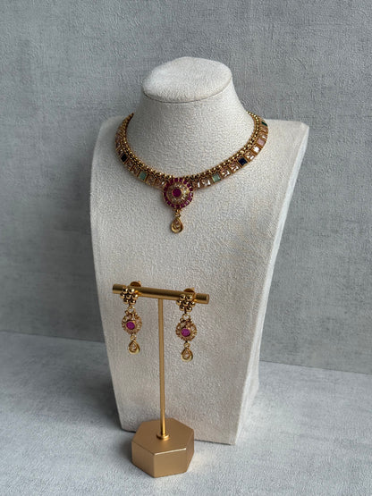 Ayura Designs Nithya Set – Gold Necklace & Earrings with Multicolour Stones and Ruby Centre