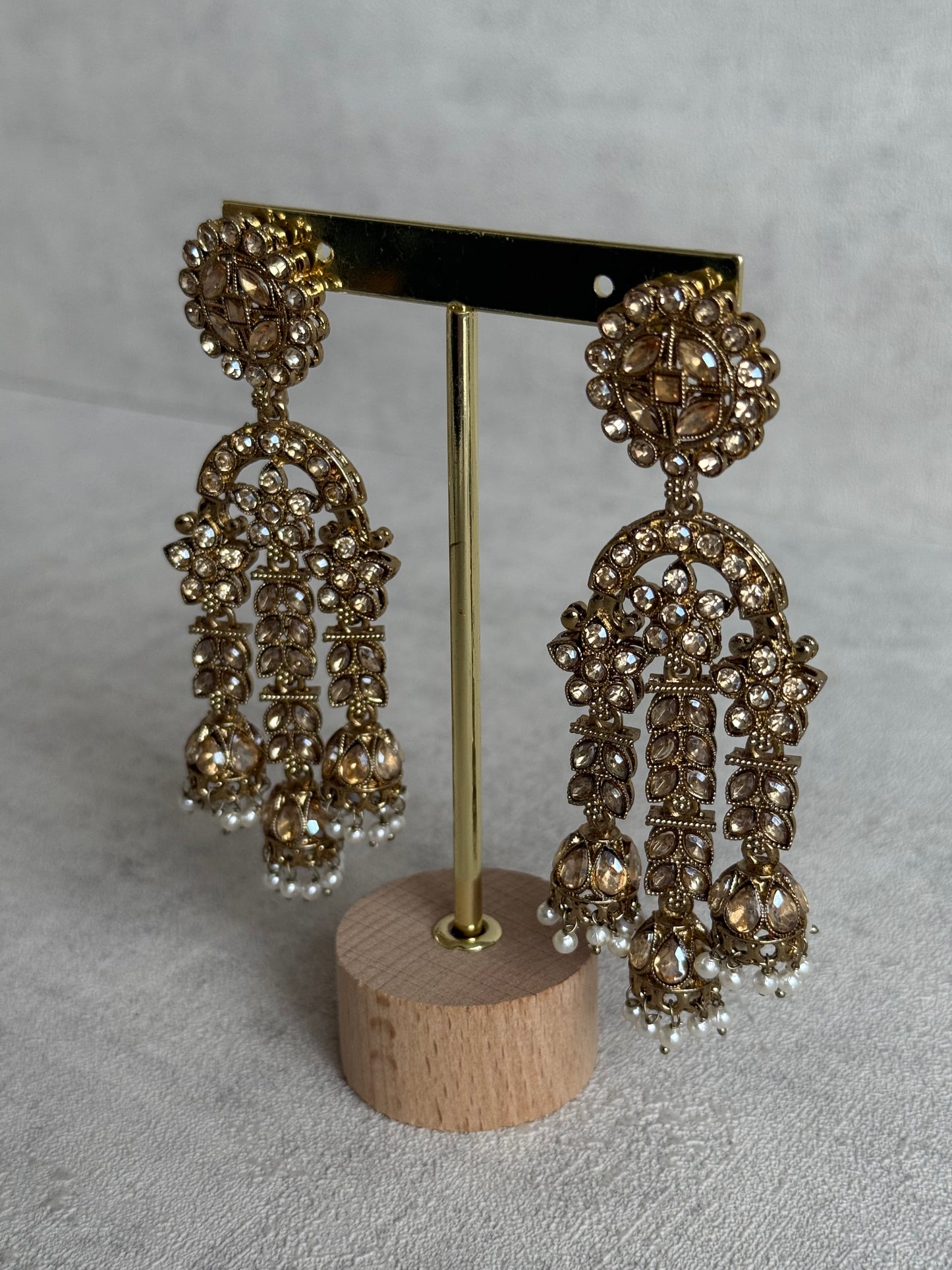 Ayura Designs Soraya Earrings – Champagne Stones, Mirror-Cut Crystals, Pearl Detailing & Gold Finish