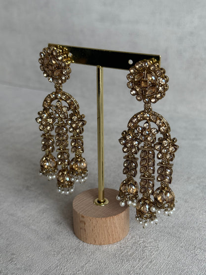 Ayura Designs Soraya Earrings – Champagne Stones, Mirror-Cut Crystals, Pearl Detailing & Gold Finish