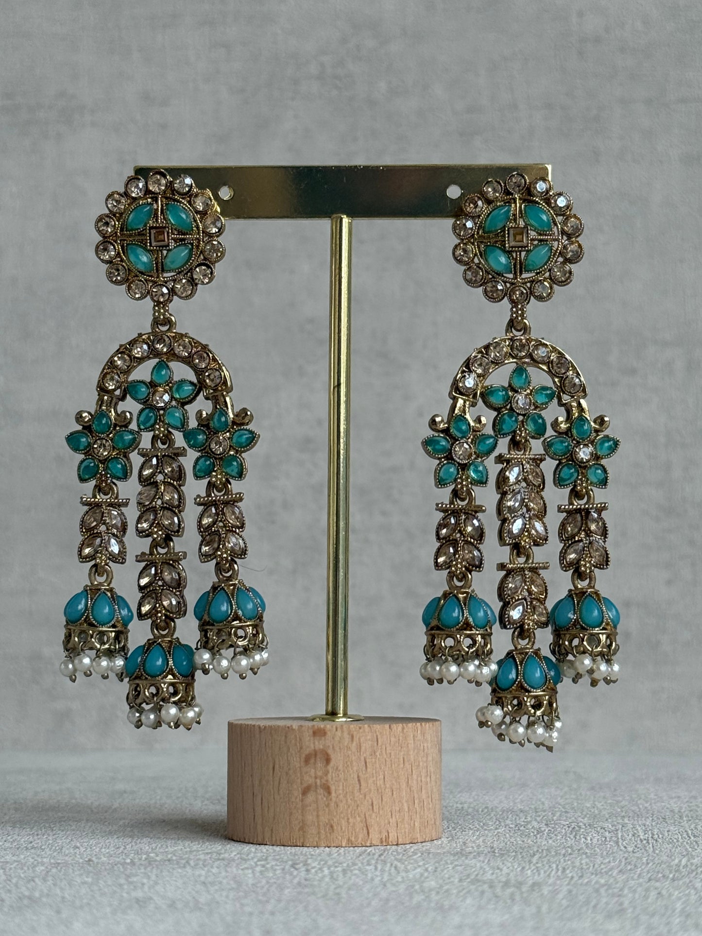 Ayura Designs Soraya Earrings – Turquoise Stones, Champagne Crystals, Pearl Detailing & Gold Finish