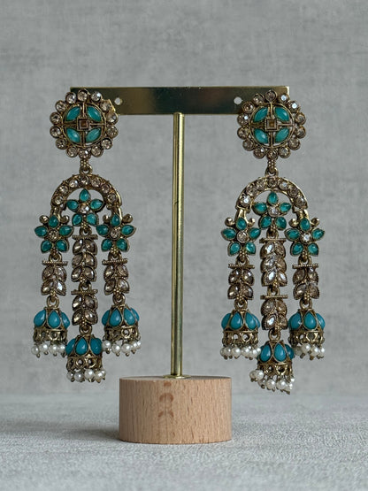 Ayura Designs Soraya Earrings – Turquoise Stones, Champagne Crystals, Pearl Detailing & Gold Finish