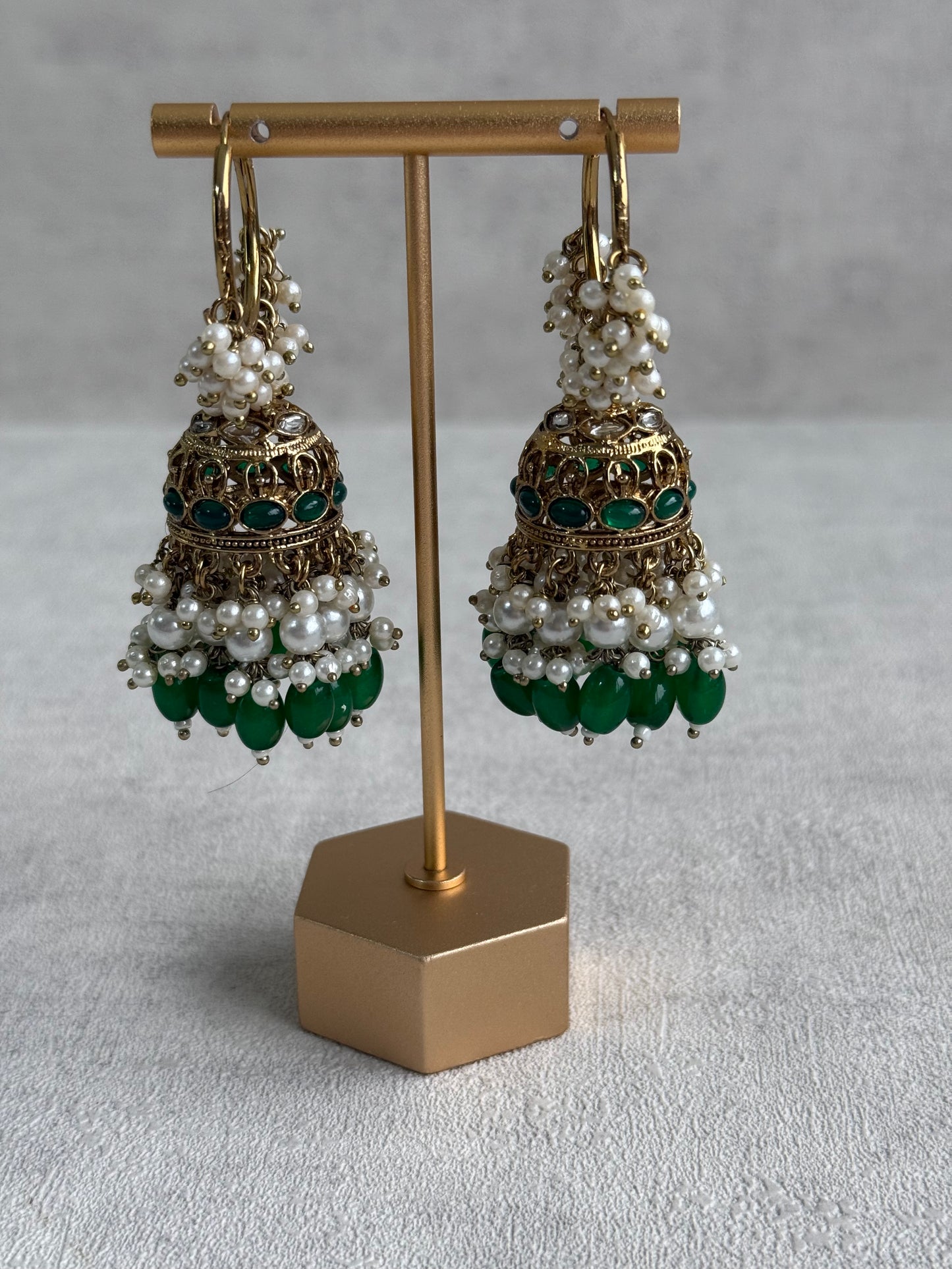 Ayura Designs Jugni Jhumkis – Antique Gold Balis with Emerald Beads & Pearl Clusters