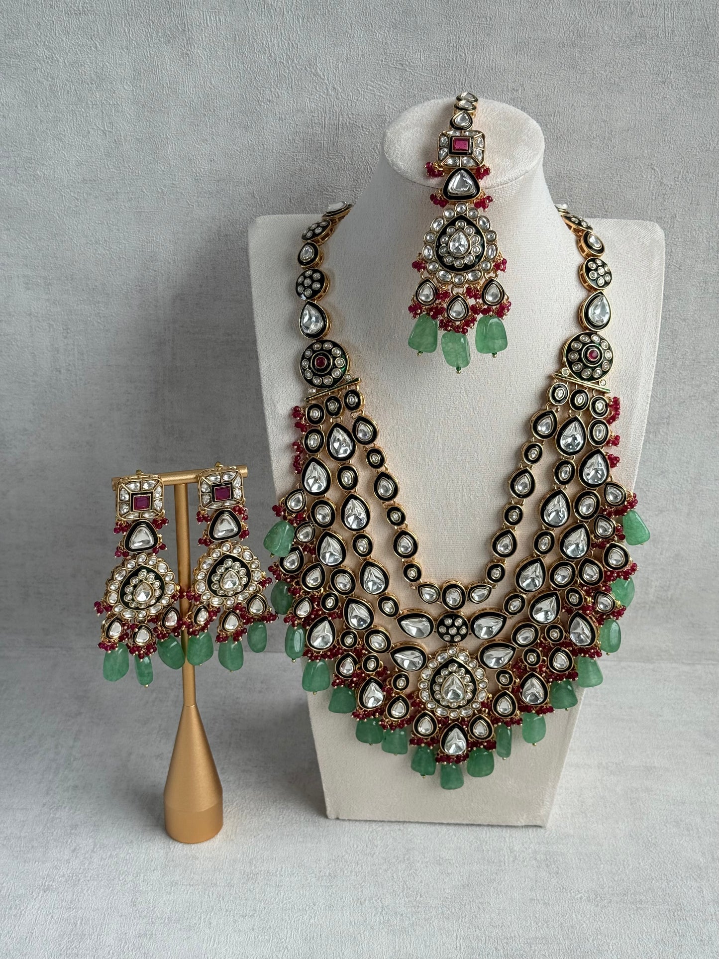 Ayura Designs Zahira Bridal Set with Necklace, Earrings & Tikka – Kundan Detailing with Green Enamel, Pink Stones & Jade Green Beads