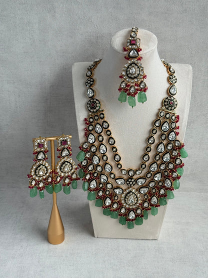 Ayura Designs Zahira Bridal Set with Necklace, Earrings & Tikka – Kundan Detailing with Green Enamel, Pink Stones & Jade Green Beads