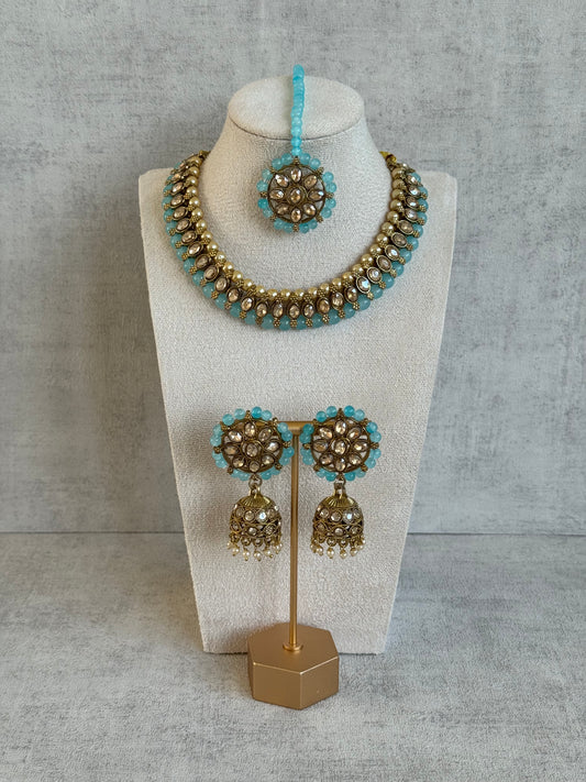 Ayura Designs Huma Set with Jhumkis & Tikka – Mirror-Cut Stones, Aqua Blue Beads & Pearl Detailing