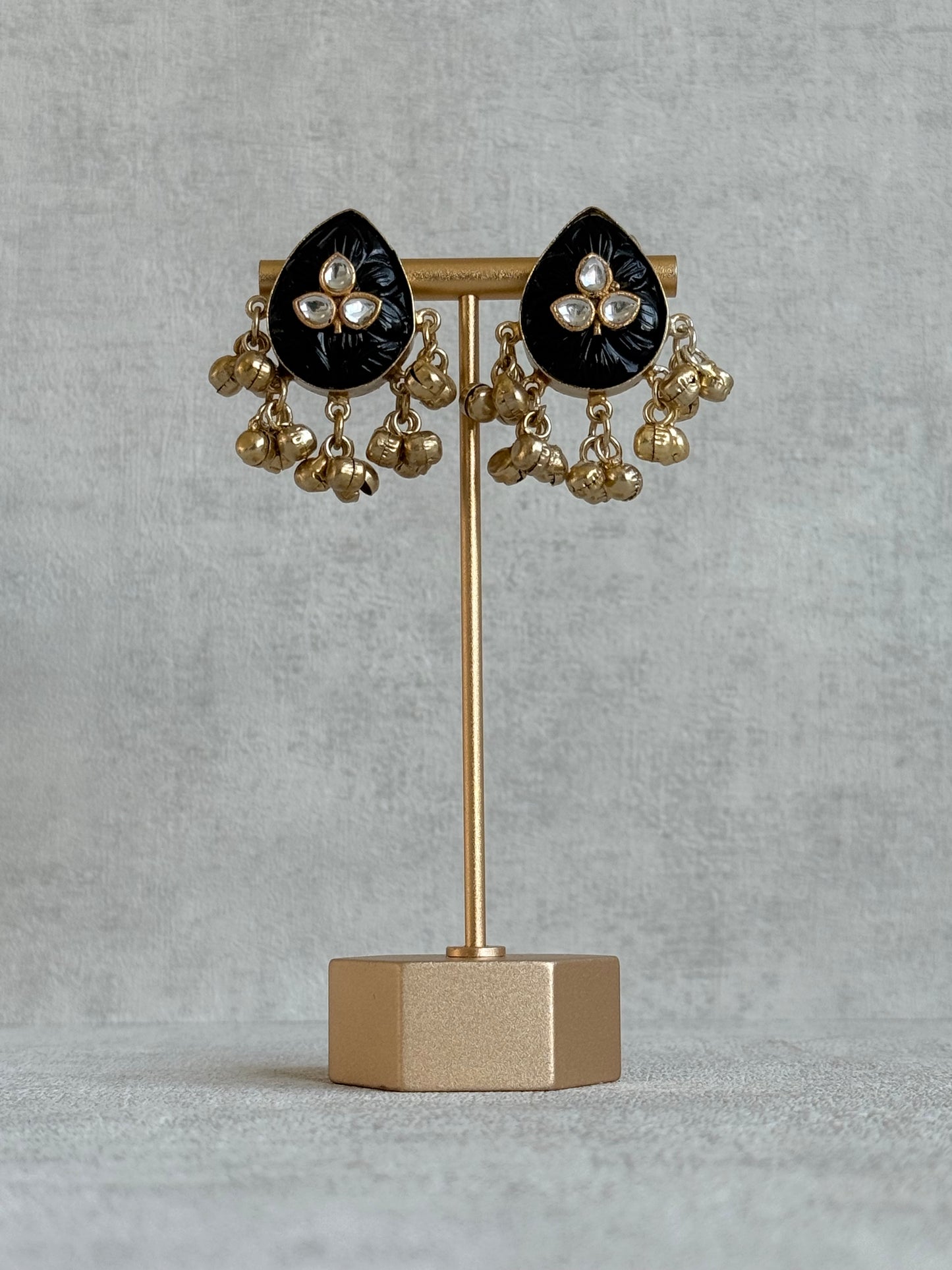 Ayura Designs Aykai Earrings – Black Carved Teardrop Stud Earrings with Clear Kundan Stones & Gold Ghungroo Drops