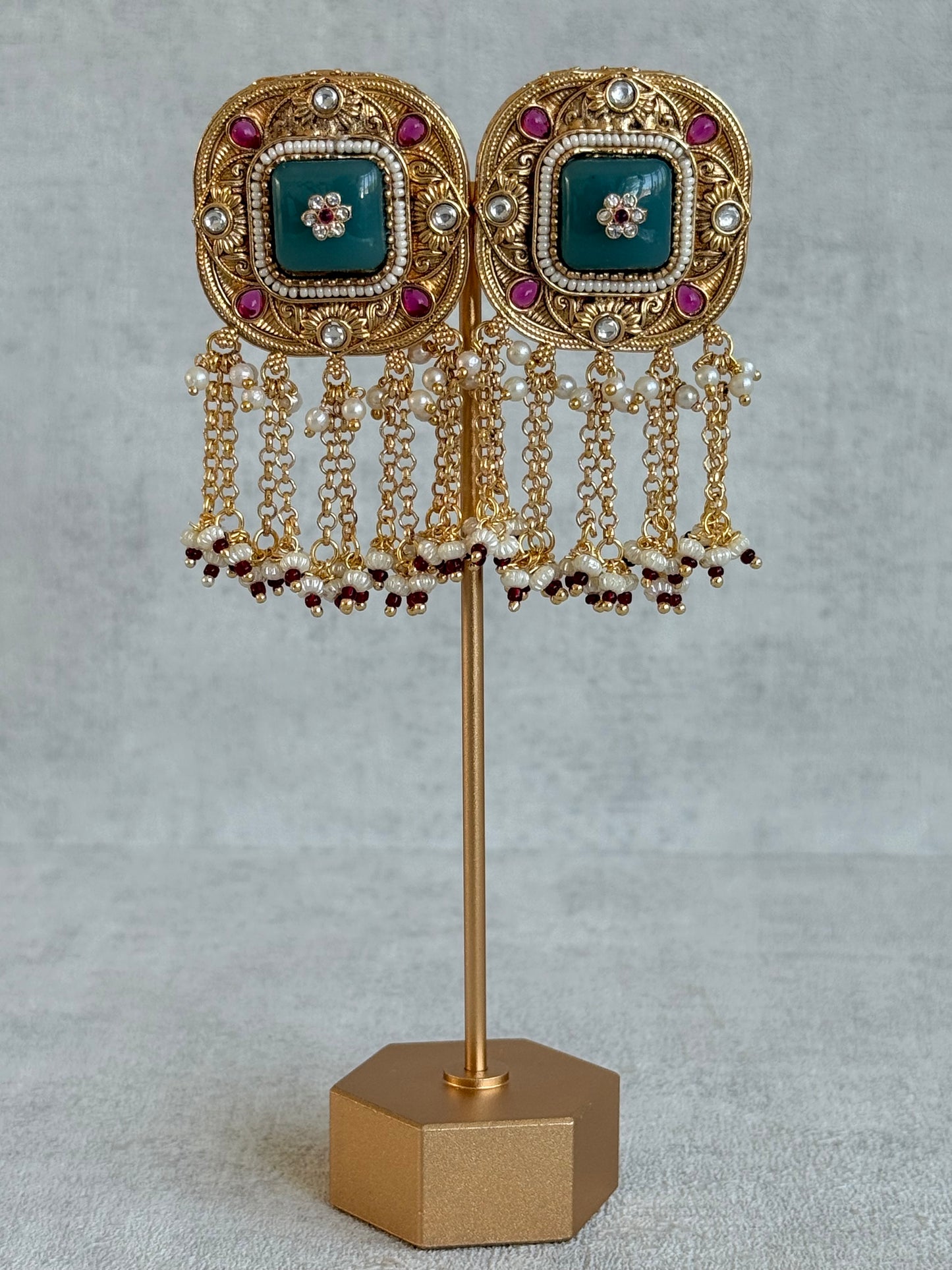 Ayura Designs Gunjal Earrings – Sage Green & Rani Pink Chain Drop Studs with Kundan & Bead Detailing
