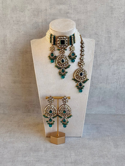 Ayura Designs Zarmeen Choker Set with Earrings & Tikka – Mirror-Cut Stones, Antique Gold Finish and Teal Green Beads