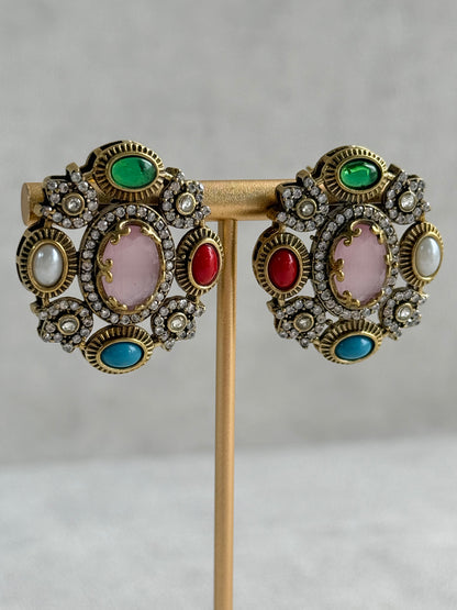 Ayura Designs Celia Stud Earrings – Blush Pink & Multicolour Stones with Gold Finish