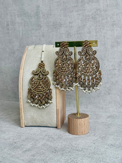 Ayura Designs Anvi Tikka Set with Earrings – Champagne Stones with Ivory Pearl Drops
