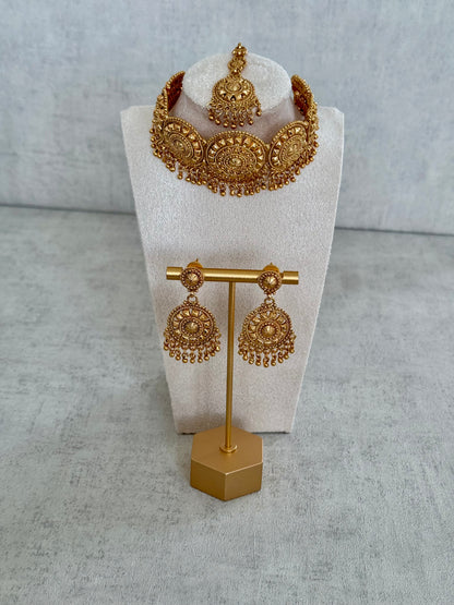 Ayura Designs Nawab Choker Set – Exquisite Antique Gold Choker, Earrings & Tikka