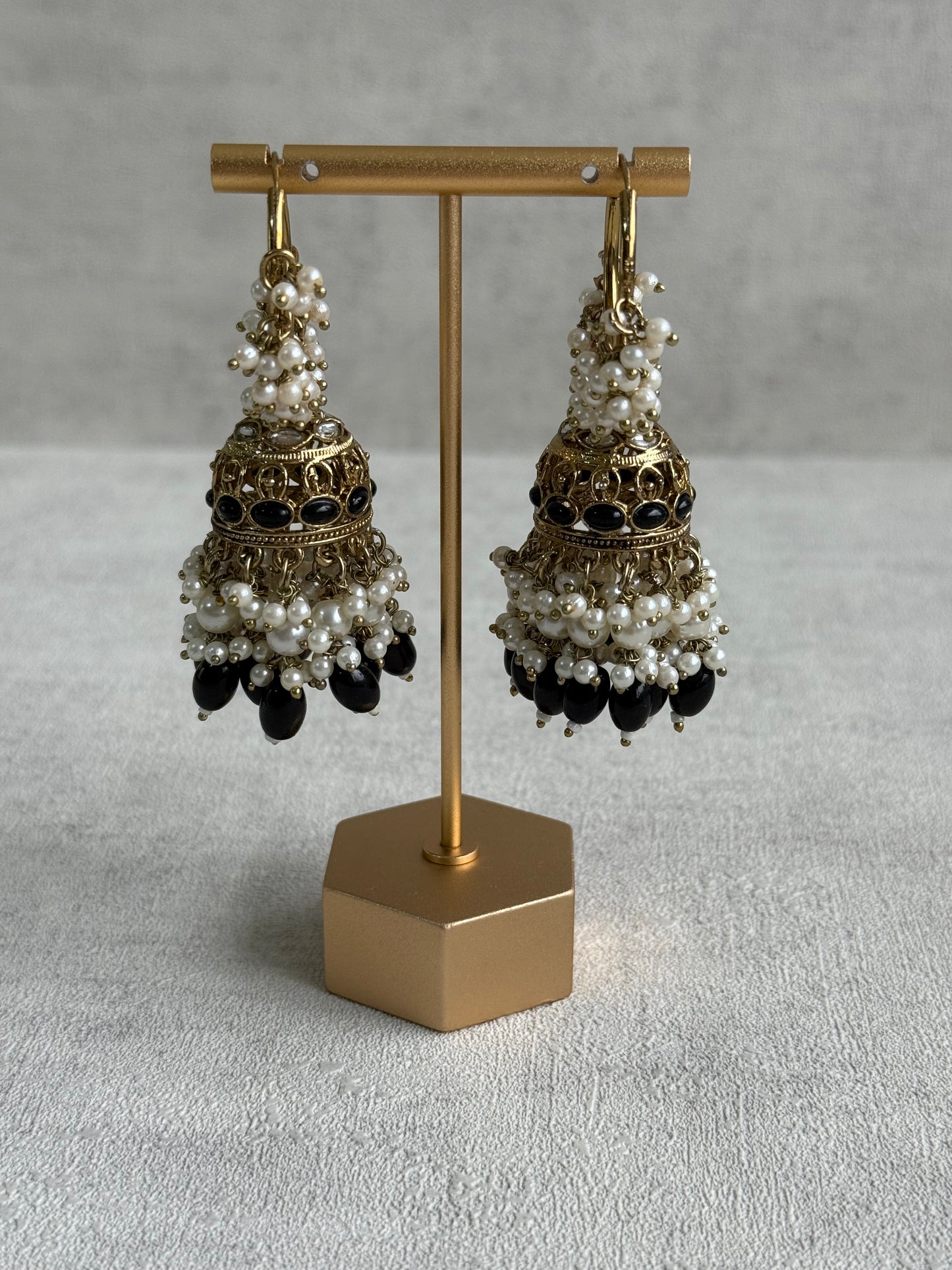 Ayura Designs Jugni Jhumkis – Antique Gold Balis with Black Beads & Pearl Clusters