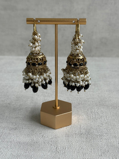 Ayura Designs Jugni Jhumkis – Antique Gold Balis with Black Beads & Pearl Clusters