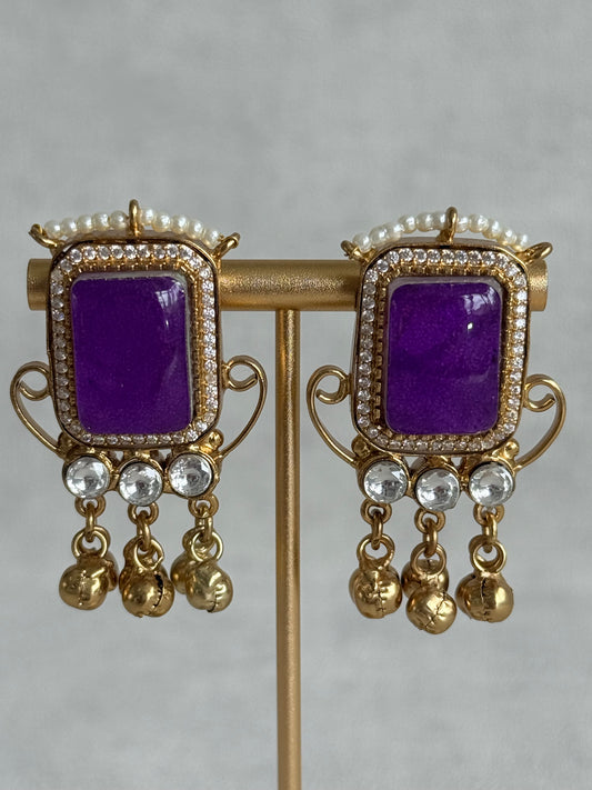 Ayura Designs Aleena Earrings – Royal Purple Stone Stud Earrings with Pearls & Ghungroo Detailing
