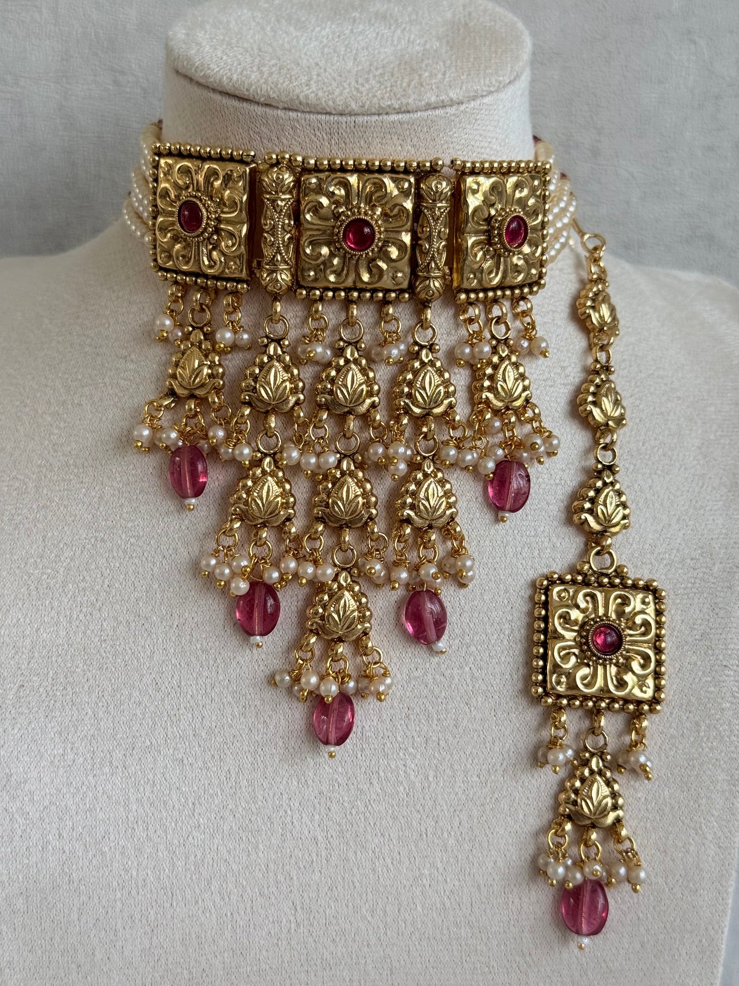 Ayura Designs Nimrah Choker Set with Earrings & Tikka – Ruby Pink Gold Tone Waterfall Jewellery Set