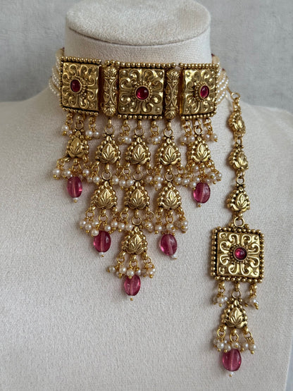 Ayura Designs Nimrah Choker Set with Earrings & Tikka – Ruby Pink Gold Tone Waterfall Jewellery Set