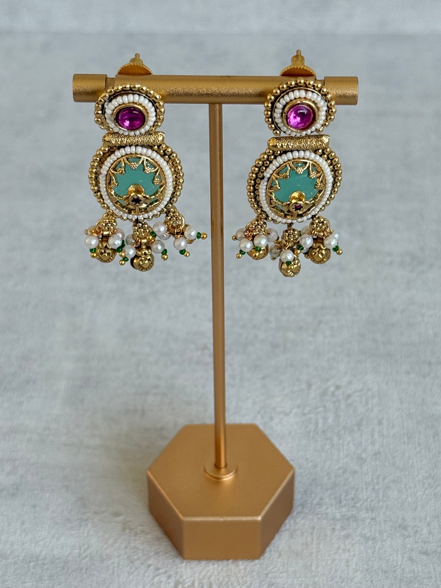 Ayura Designs Enjal Earrings – Mint Green Enamel, Pearl Beading, Pink Stone & Gold Finish