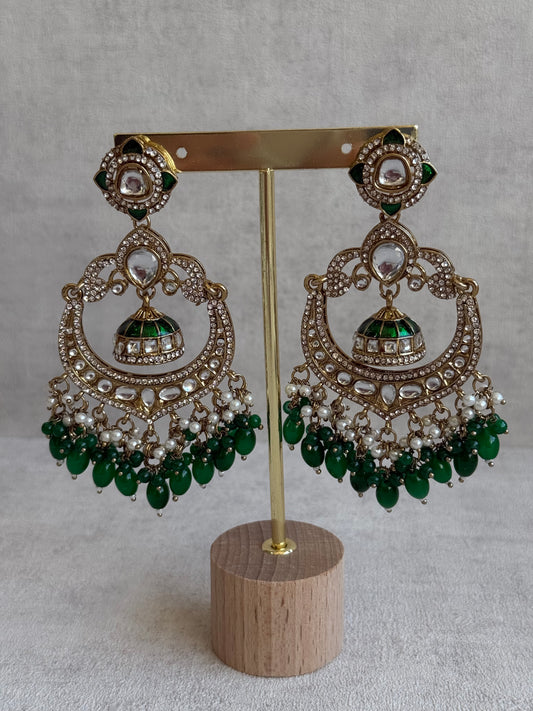 Ayura Designs Reha Earrings – Statement Chandbalis with Emerald Green Beads, Pearls & Mirror-Cut Stones