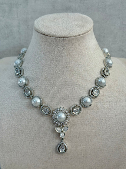 Ayura Designs Tilly Set with Necklace & Earrings – Pearl Centre with Crystal Halo Detailing in Silver Finish
