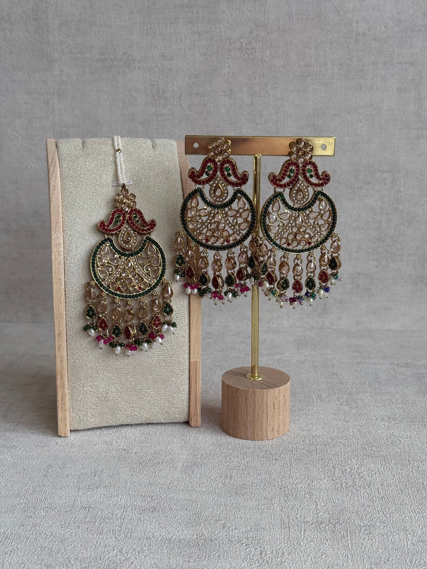 Ayura Designs Anvi Tikka Set with Earrings – Ruby Red & Emerald Green with Champagne Stones