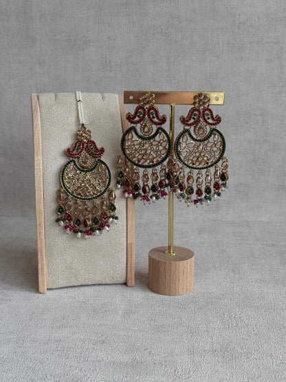 Ayura Designs Anvi Tikka Set with Earrings – Ruby Red & Emerald Green with Champagne Stones