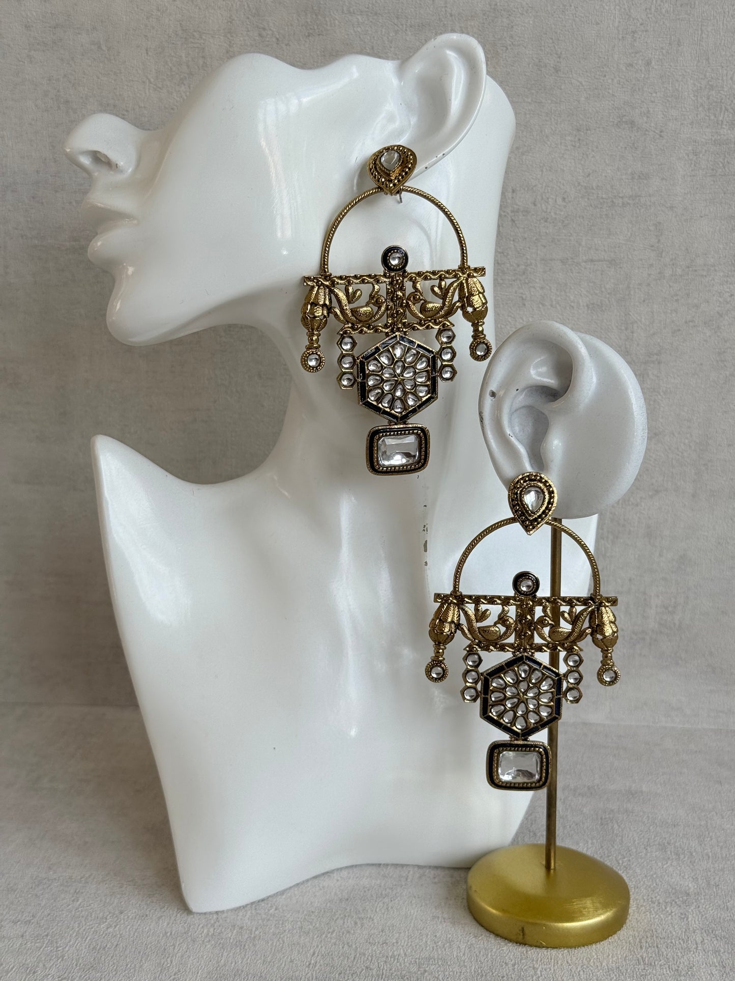 Ayura Designs Irene Earrings – Navy Blue Kundan, Meenakari & Crystal Peacock Chandeliers in Gold