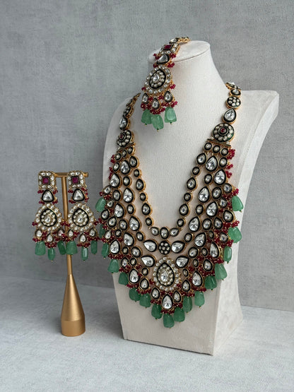 Ayura Designs Zahira Bridal Set with Necklace, Earrings & Tikka – Kundan Detailing with Green Enamel, Pink Stones & Jade Green Beads
