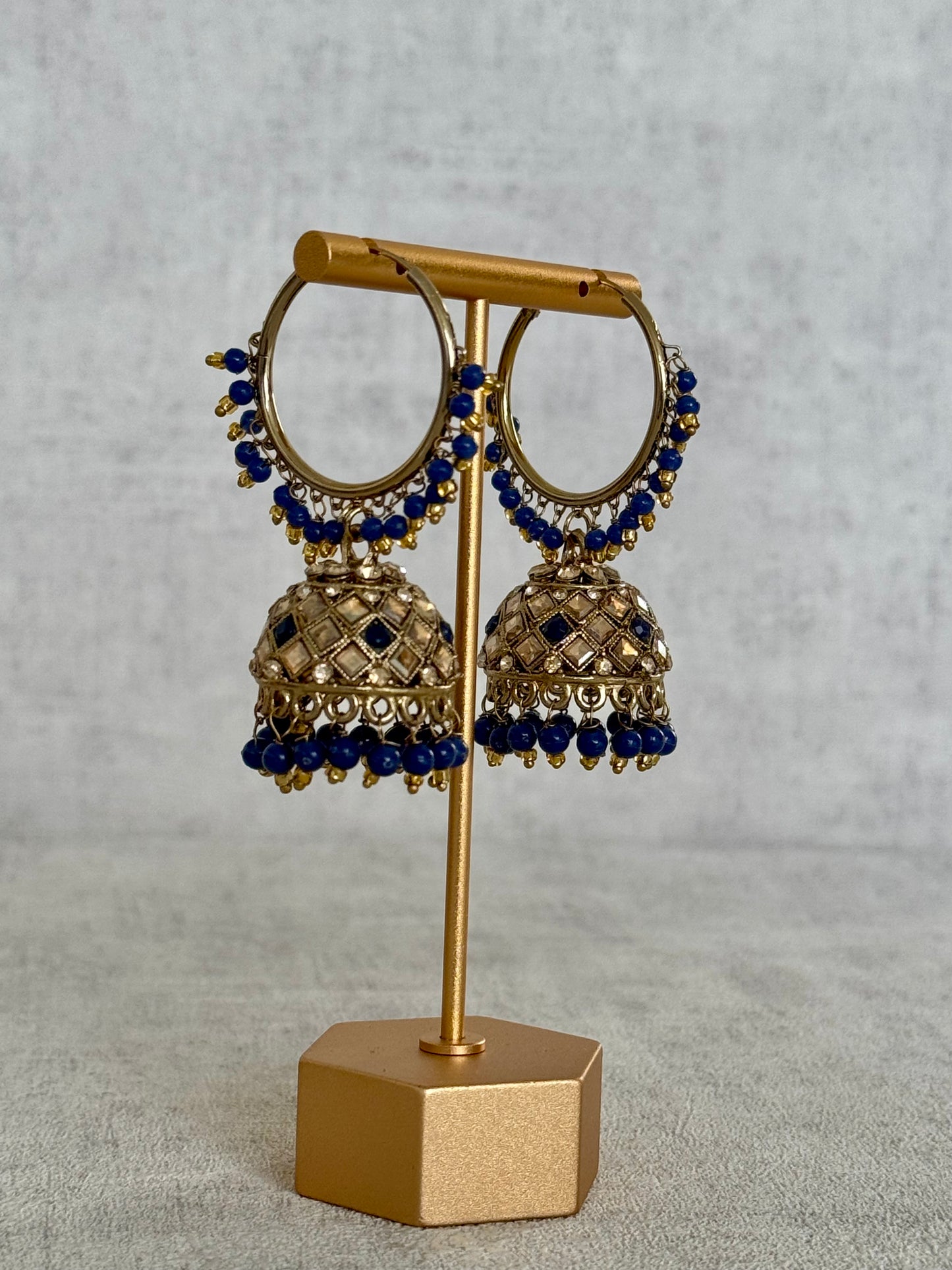 Ayura Designs Jugni Bali Jhumkas – Antique Gold with Royal Blue Beads