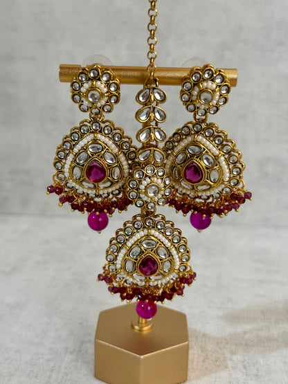 Ayura Designs Tehreem Set with Necklace, Earrings & Tikka – Mirror-Cut Stones, Magenta Beads & Antique Gold Finish