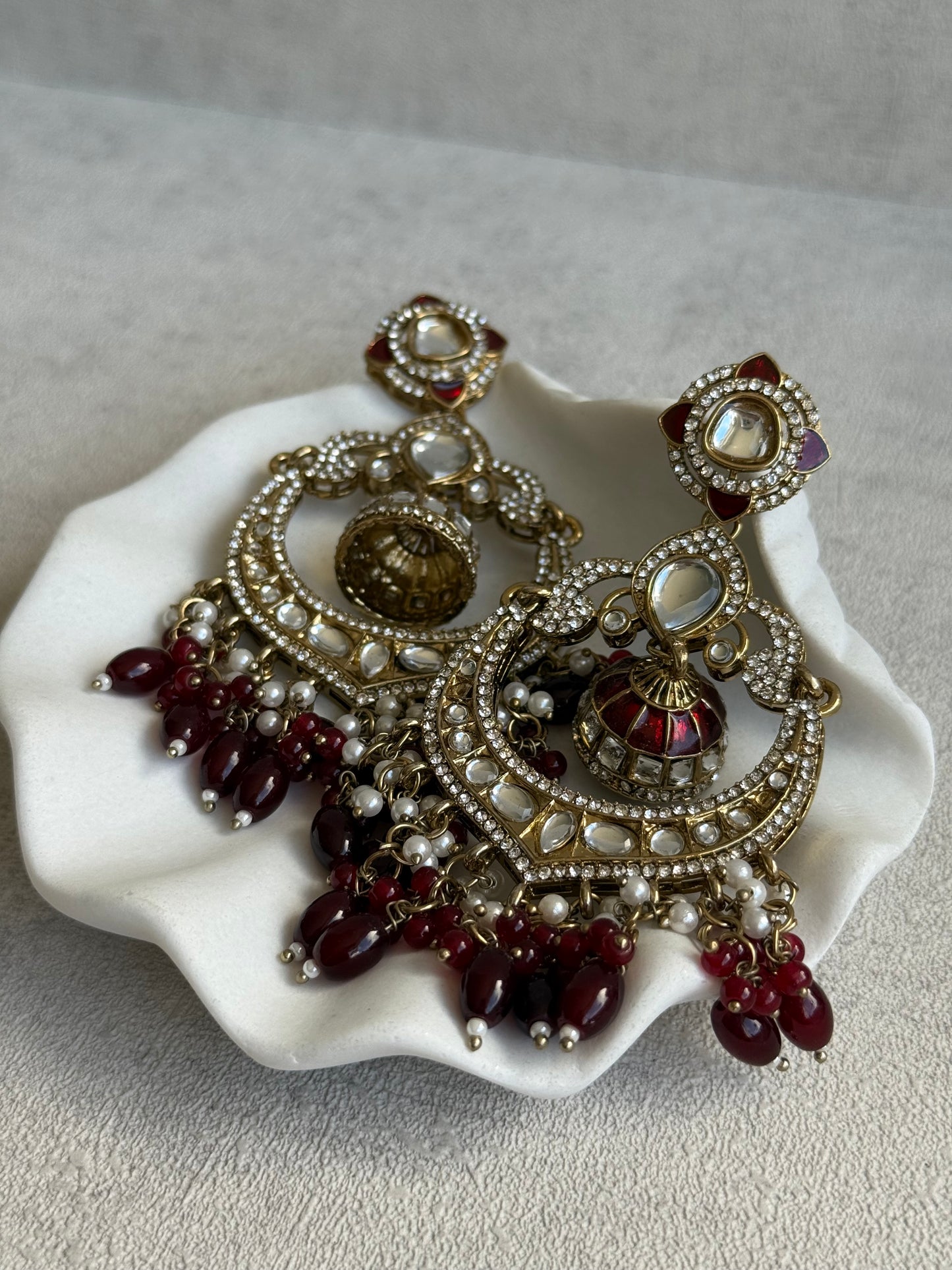 Ayura Designs Reha Earrings – Statement Chandbalis with Maroon Beads, Pearls & Mirror-Cut Stones