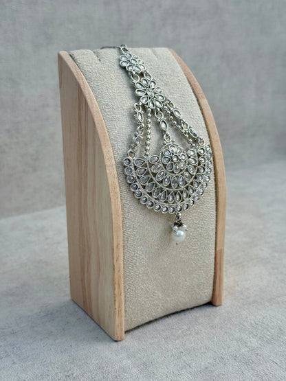 Ayura Designs Zeha Jhoomar Passa – Silver Finish with Mirror Cut Stones & Pearl Drop