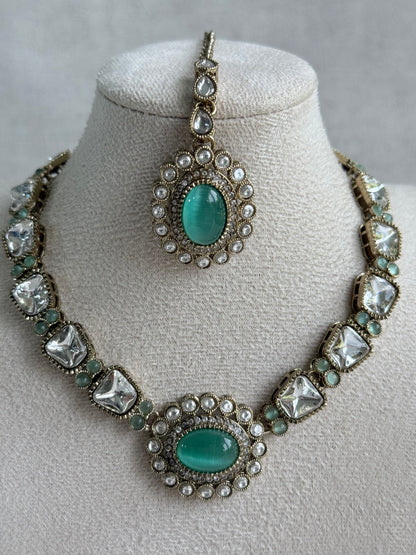 Ayura Designs Inza Necklace Set – Aqua Green Stones, Kundan & Crystals with Antique Gold Finish